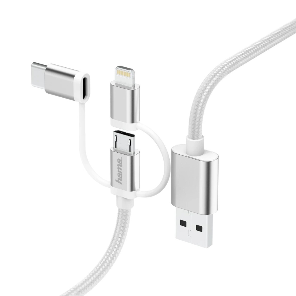 Hama 3in1-Micro-USB-Kabel mit Adapter auf USB-Type-C u. Lightning, 0,2m, Weiss