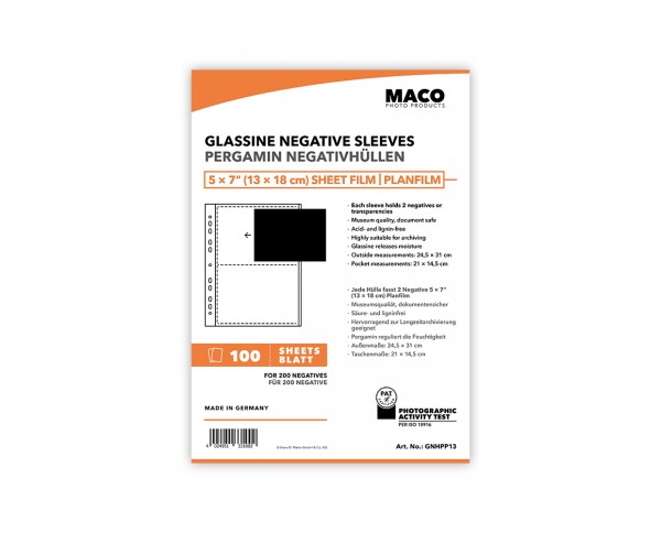 MACO Pergamin Negativhüllen für 5x7' (13x18cm) Planfilm (100 Blatt) mit Lochung